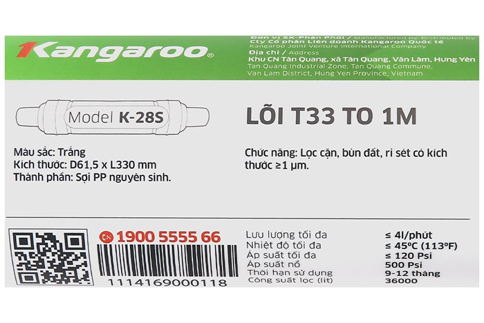 Lõi lọc thô Kangaroo số 3 T33 to PP 1M (SX) Màu Trắng