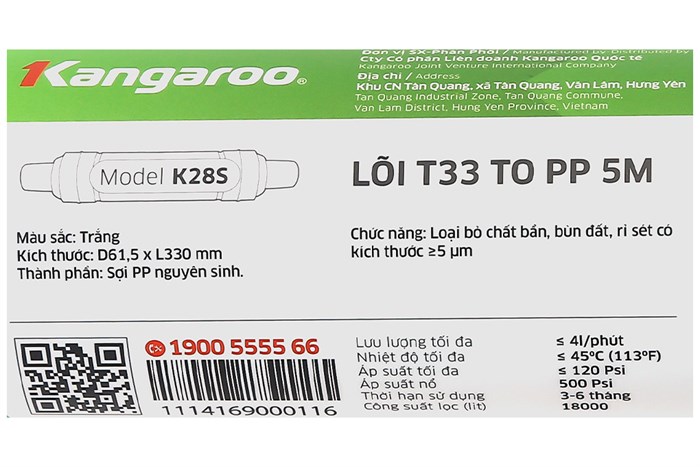 Lõi lọc thô Kangaroo số 1 T33 to PP 5M (SX) Màu Trắng