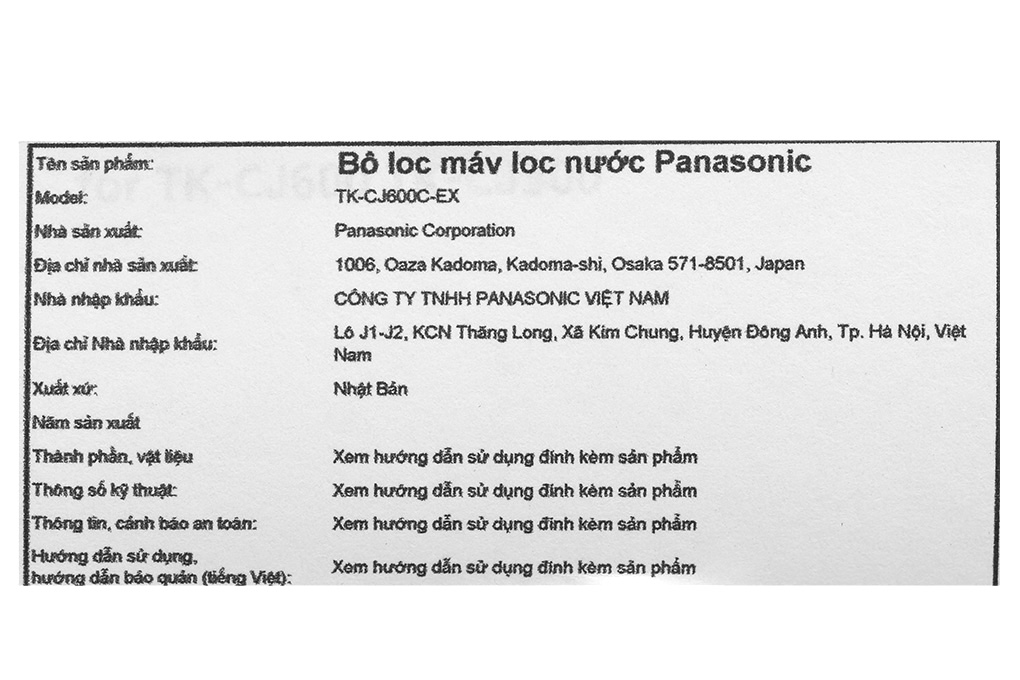 Lõi lọc tinh Panasonic TK-CJ600C-EX Màu Trắng