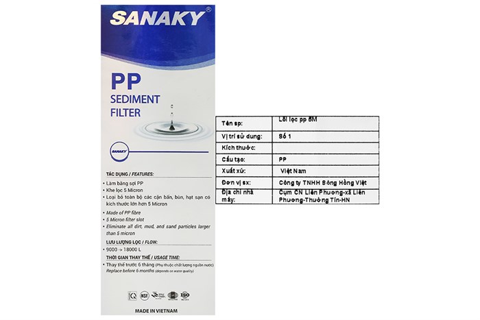 Lõi lọc thô Sanaky số 1 PP 5 micron Màu Trắng