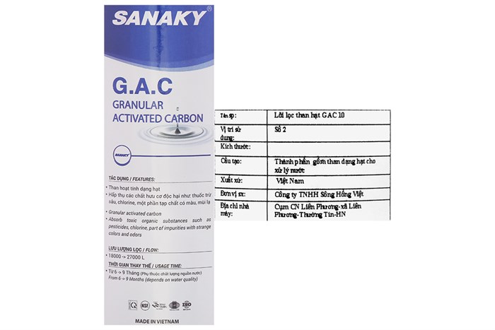 Lõi lọc thô Sanaky số 2 GAC than hoạt tính Màu Trắng