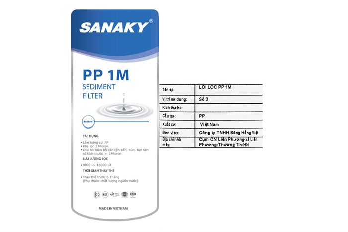 Lõi lọc thô Sanaky số 3 PP 1 micron Màu Trắng