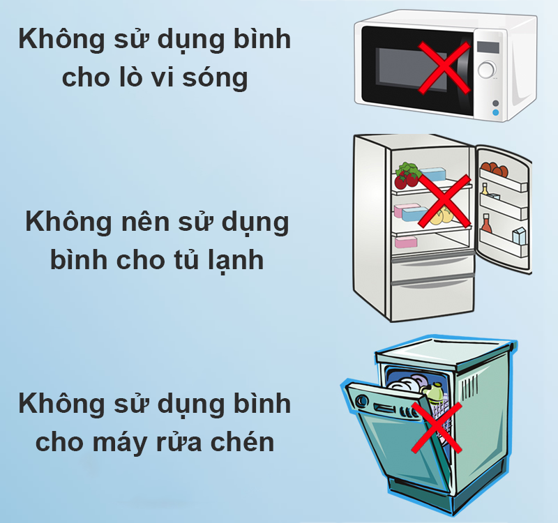 Không dùng bình thủy giữ nhiệt inox 1.3 lít DMX-BT001 trong tủ lạnh, lò vi sóng và máy rửa chén