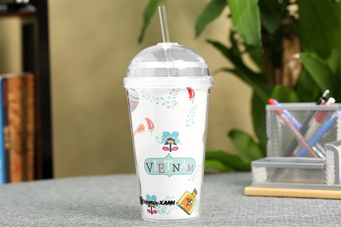 Ly nhựa cách nhiệt có ống hút 500 ml DMX KS QC09 Màu Trắng