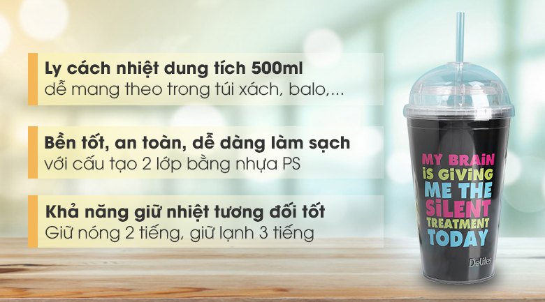 Ly cách nhiệt nhựa 500 ml Delites KS QC09