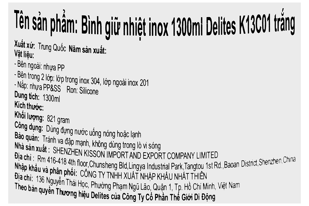 Bình giữ nhiệt inox 1.3 lít Delites K13C01 - 11
