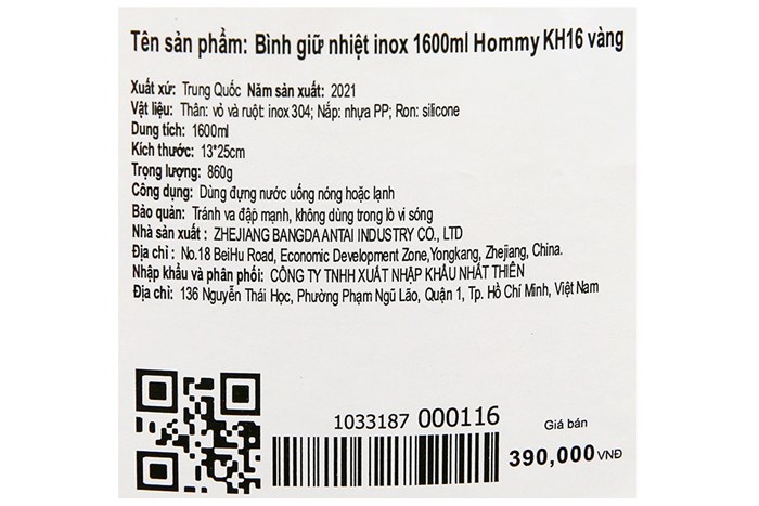 Bình giữ nhiệt inox 1600 ml Hommy KH16 Màu Vàng