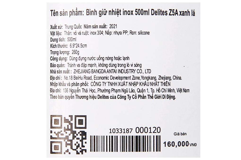 Bình giữ nhiệt inox 500 ml Delites Z5A Xanh lá Màu Xanh lá