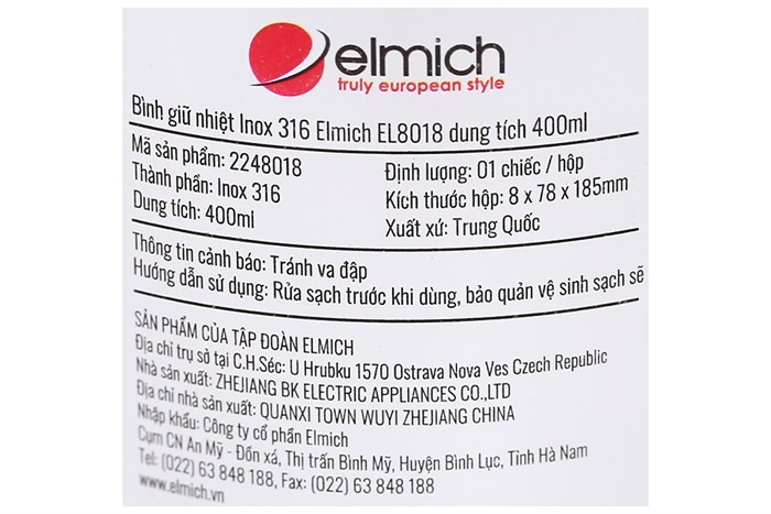 Bình giữ nhiệt inox 400 ml Elmich EL8018 Màu Xanh