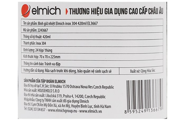 Bình giữ nhiệt inox 420 ml Elmich EL3667 Màu Đen
