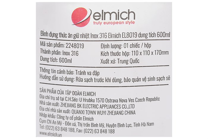 Bình đựng thức ăn giữ nhiệt inox 600 ml Elmich EL8019 Màu Xanh