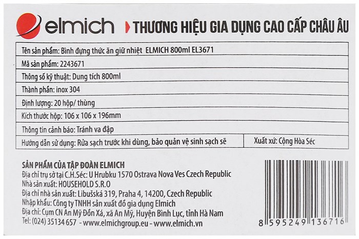 Bình đựng thức ăn giữ nhiệt inox 800 ml Elmich EL3671 Màu Bạc