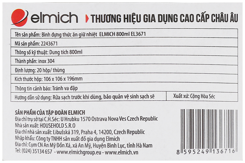 Bình đựng thức ăn giữ nhiệt inox 800 ml Elmich EL3671