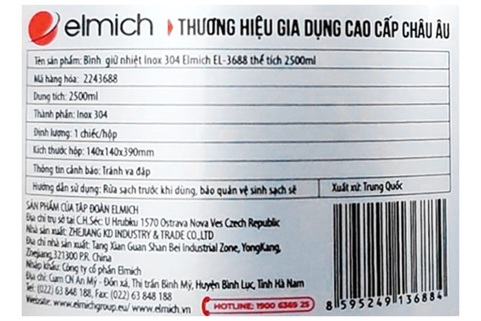 Bình giữ nhiệt inox 2500 ml Elmich EL-3688 Màu Bạc