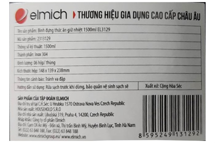 Bình đựng thức ăn giữ nhiệt inox 1500 ml Elmich EL3129 Màu Đen