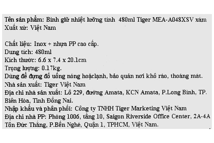 Bình giữ nhiệt inox 480 ml Tiger MEA-A048XSV Màu Xám