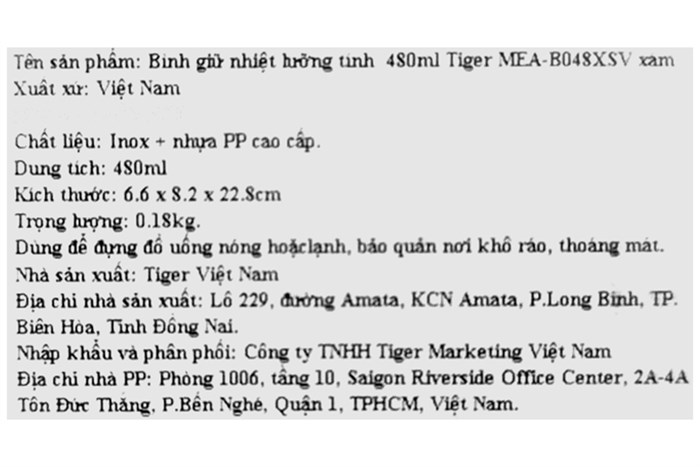 Bình giữ nhiệt inox 480 ml Tiger MEA-B048XSV Màu Xám