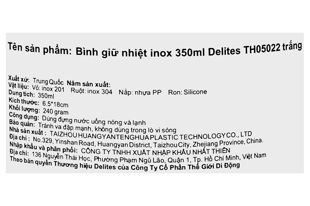 Bình giữ nhiệt inox 350 ml Delites TH05022