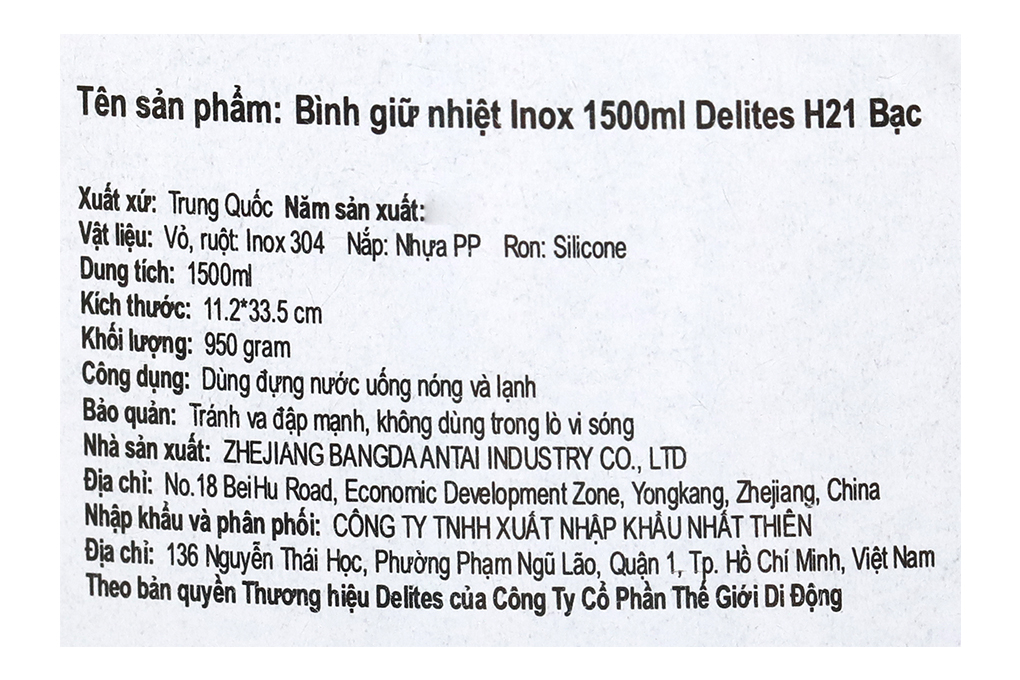 Bình giữ nhiệt inox 1500 ml Delites H21 Bạc Màu Bạc