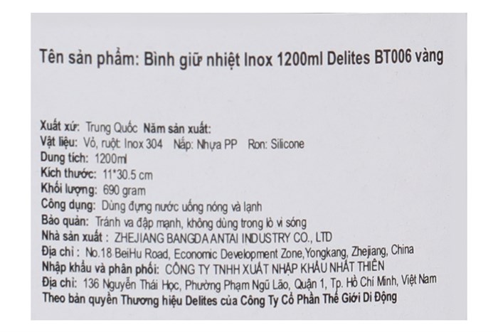 Bình giữ nhiệt inox 1200 ml Delites BT006 vàng Màu Vàng đồng
