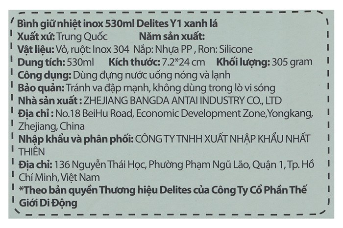 Bình giữ nhiệt inox 530 ml Delites Y1 xanh lá Màu Xanh lá