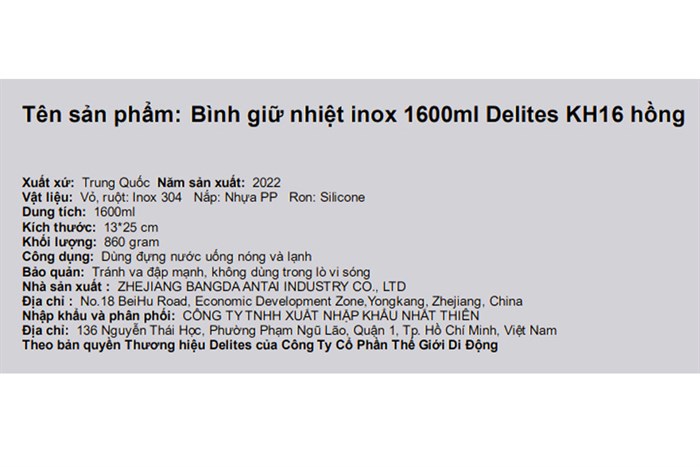 Bình giữ nhiệt inox 1600 ml Delites KH16 hồng Màu Hồng