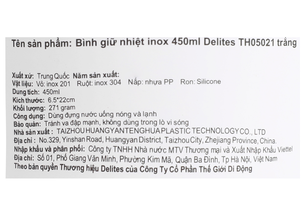 Bình giữ nhiệt inox 450 ml Delites TH05021 trắng Màu Trắng