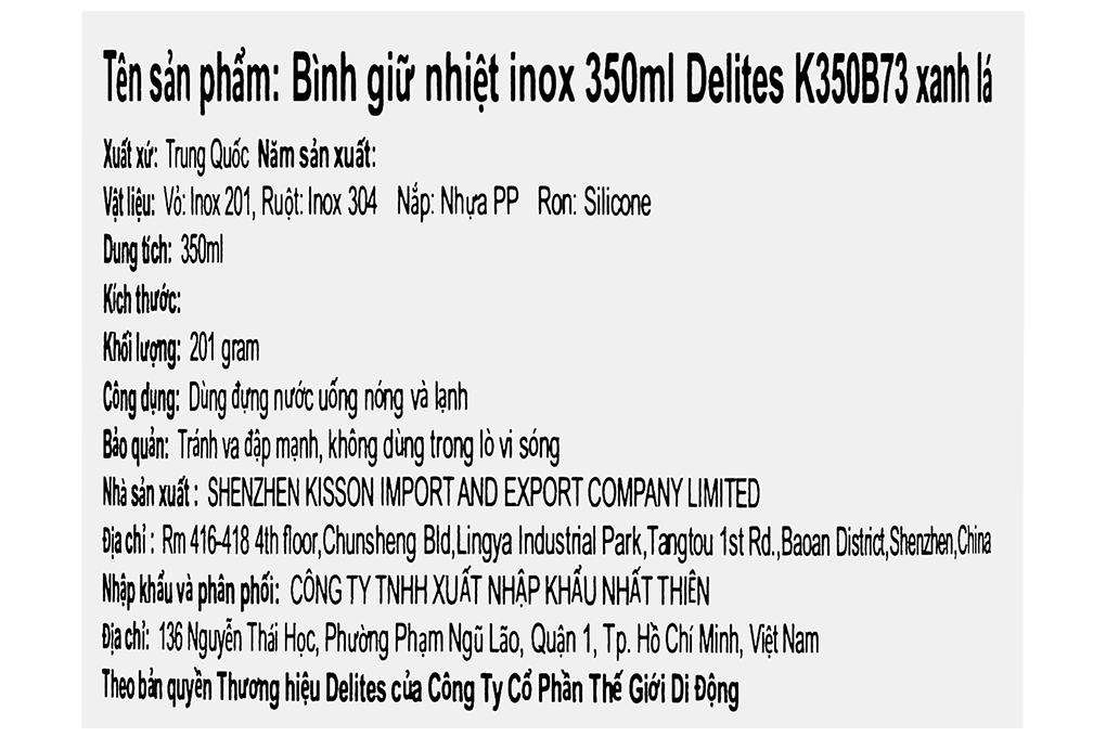 Bình giữ nhiệt inox 350 ml Delites K350B73 Xanh - Tím Màu Xanh lá