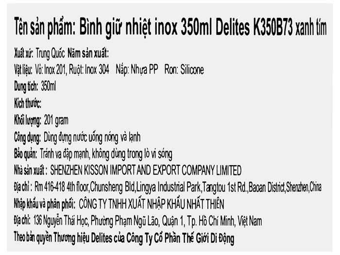 Bình giữ nhiệt inox 350 ml Delites K350B73 Xanh - Tím Màu Xanh tím