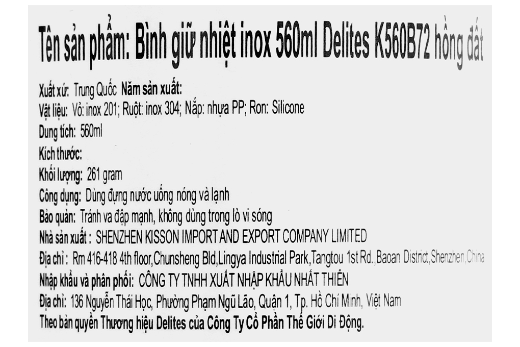 Bình giữ nhiệt inox 560 ml Delites K560B72 Hồng - Xanh Màu Hồng đất