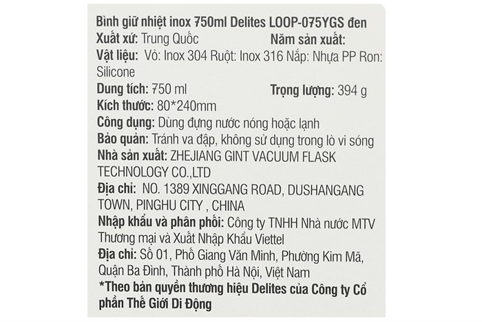 Bình giữ nhiệt inox 750 ml Delites LOOP-075YGS Màu Đen