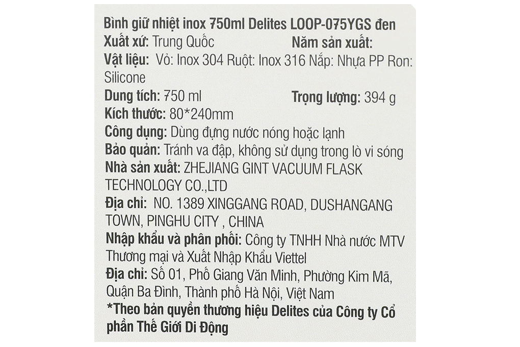 Bình giữ nhiệt inox 750 ml Delites LOOP-075YGS Màu Đen