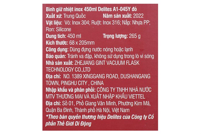 Bình giữ nhiệt inox 450 ml Delites A1-045Y Màu Đỏ