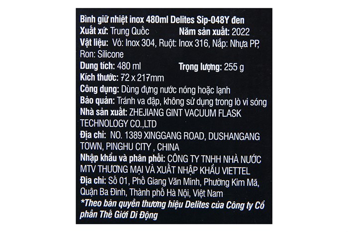 Bình giữ nhiệt inox 480 ml Delites Sip-048Y Màu Đen