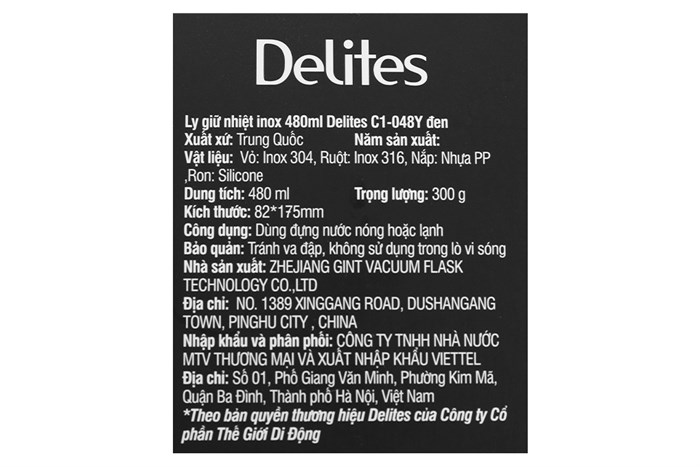 Ly giữ nhiệt inox 480 ml Delites C1-048Y Màu Đen