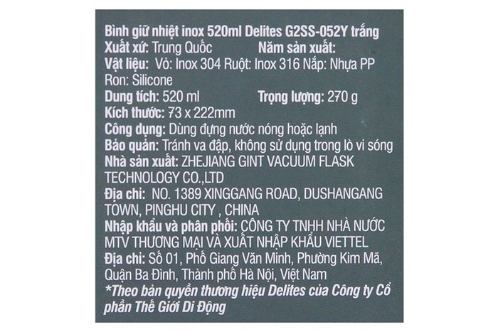 Bình giữ nhiệt inox 520 ml Delites G2SS-052Y Màu Trắng