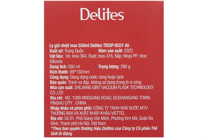 Ly giữ nhiệt inox 550 ml Delites TBSIP-055Y Màu Đỏ