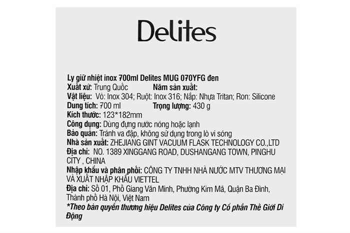 Ly giữ nhiệt inox 700 ml Delites MUG-070YFG Màu Đen