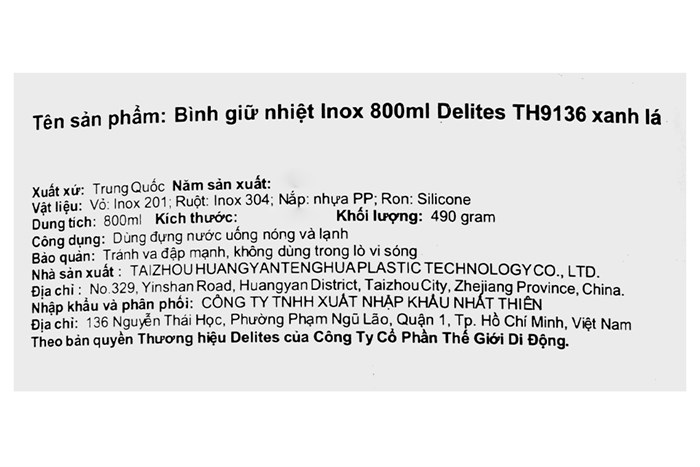 Bình giữ nhiệt inox 800 ml Delites TH9136 Màu Xanh lá