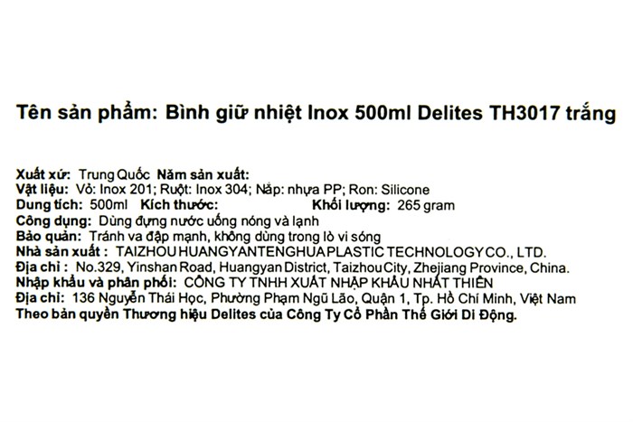 Bình giữ nhiệt inox 500 ml Delites TH3017 Màu Trắng