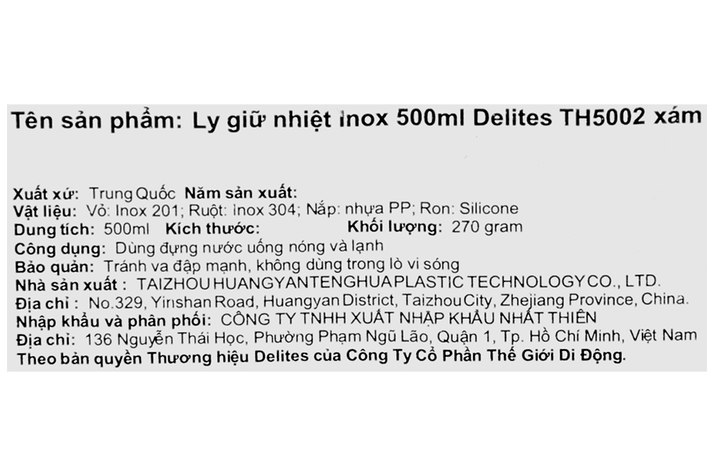 Ly giữ nhiệt inox 500 ml Delites TH5002 Màu Xám