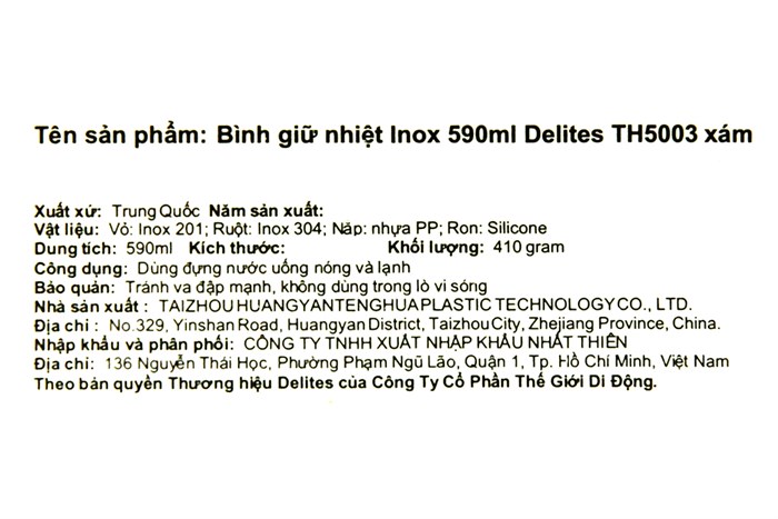 Bình giữ nhiệt inox 590 ml Delites TH5003 Màu Xám