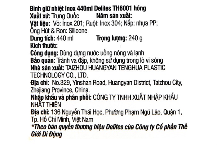 Bình giữ nhiệt inox 440 ml Delites TH6001 Màu Hồng