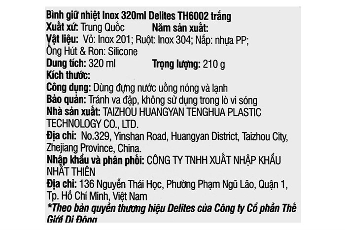 Bình giữ nhiệt inox 320 ml Delites TH6002 Màu Trắng