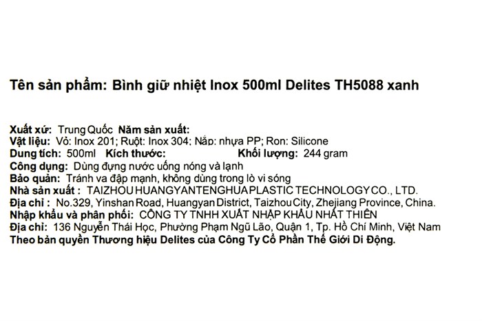 Bình giữ nhiệt inox 500 ml Delites TH5088 Màu Xanh Dương