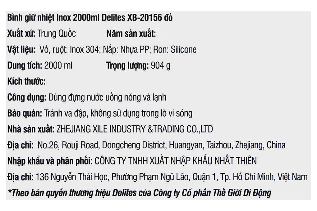 Bình giữ nhiệt inox 2000 ml Delites XB-20156 Màu Đỏ