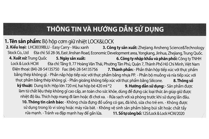 Bộ bình đựng thức ăn giữ nhiệt inox Lock&Lock LHC8039BLU Màu Xanh