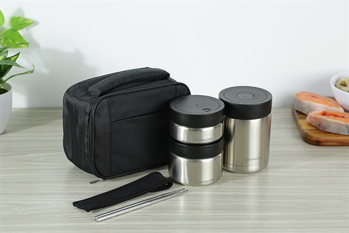 Bộ bình đựng thức ăn giữ nhiệt inox Lock&Lock LHC8031SLV Màu Bạc