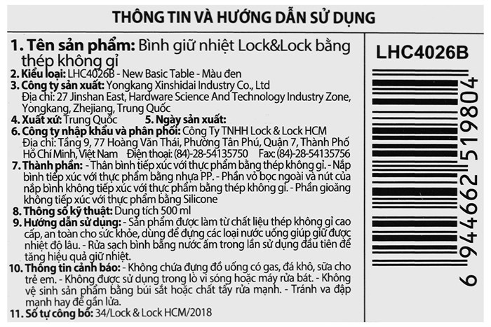 Ly giữ nhiệt inox 500 ml Lock&Lock LHC4026B Màu Đen