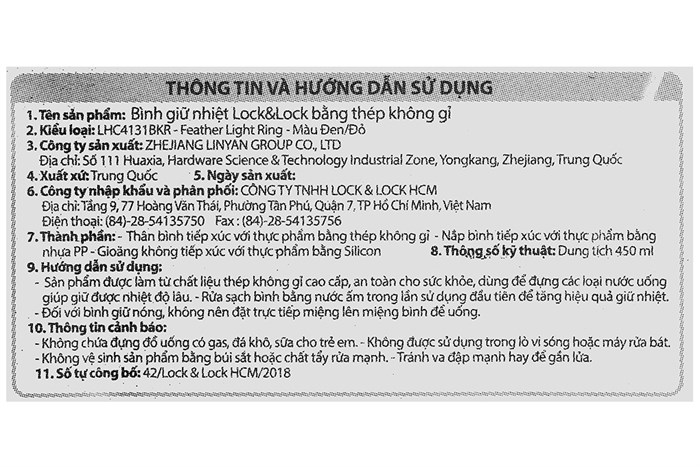 Bình giữ nhiệt inox 450 ml Lock&Lock LHC4131BKR Màu Đen - Đỏ